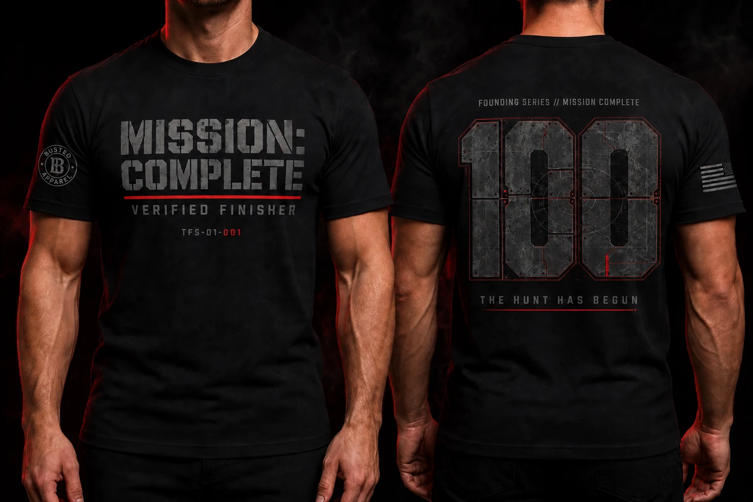 Front and back of the numbered Mission Complete special-edition shirt for the first 100 finishers